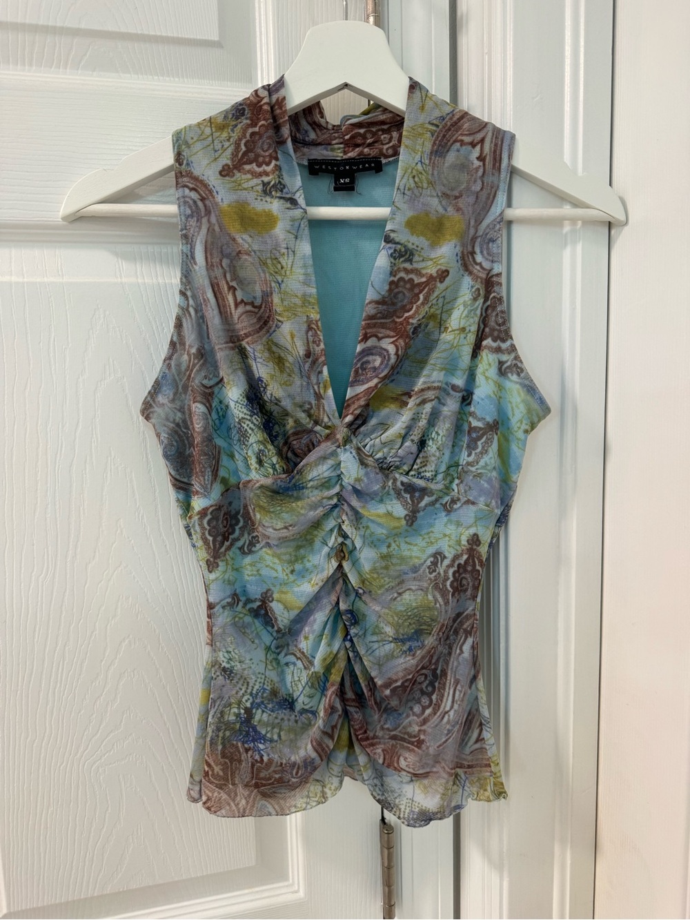 Vintage Mesh ruched V-Neck tank top y2k women’s size XS brown blue paisley